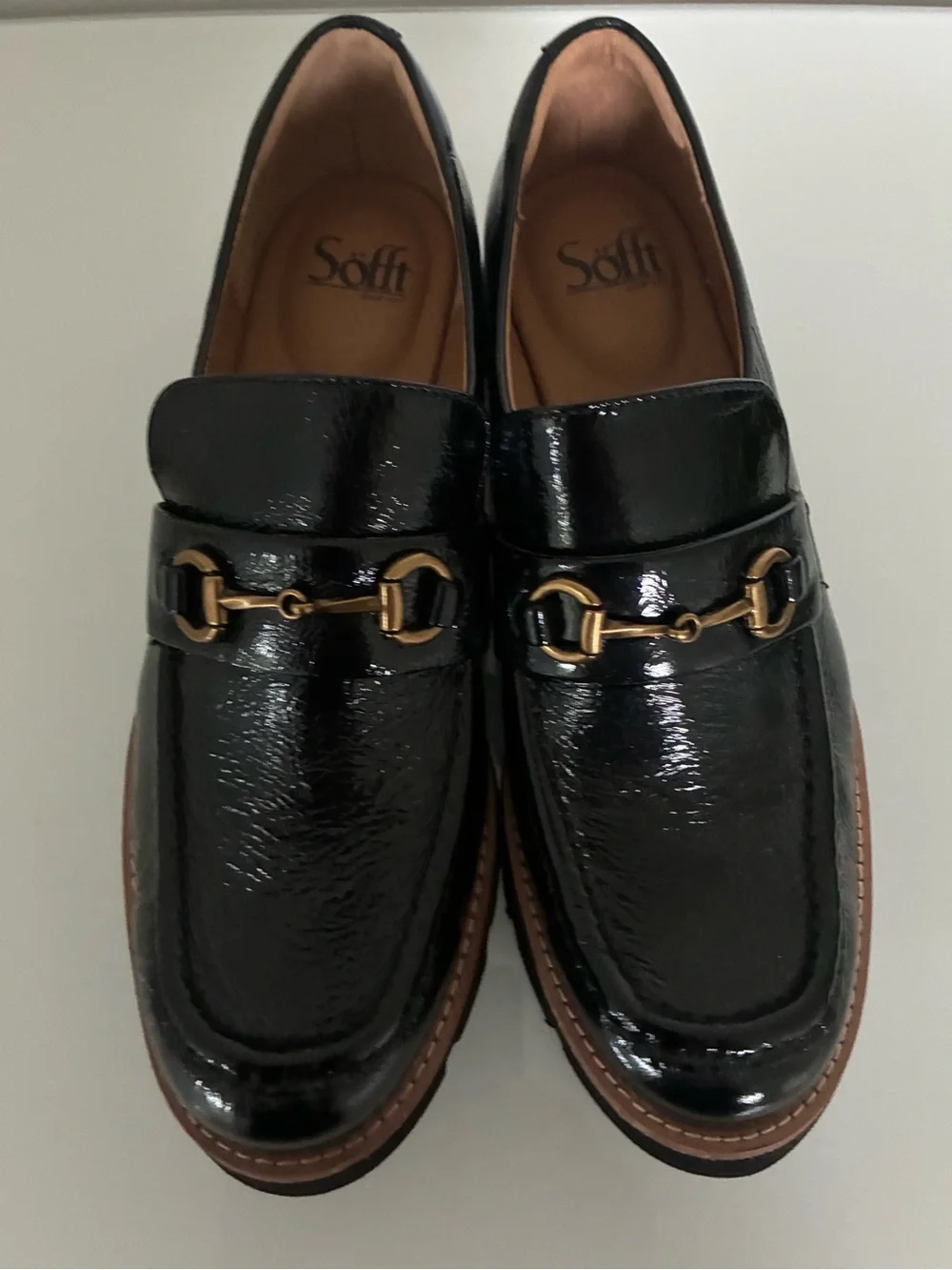 Söfft Prewitt Loafers Sz 10 Black Patent Leather Horsebit Lug Sole Comfort NWOB